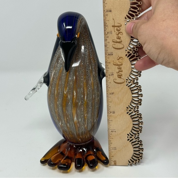 Vintage Art Glass Penguin, Cobalt Blue Gold Striped Handblown - Picture 9 of 12